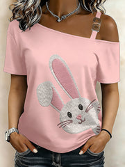 Women's Easter Bunny Printed One Shoulder Casual T-Shirt