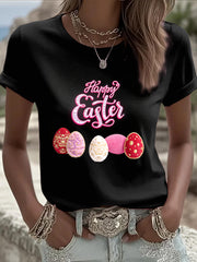 Women's Black Easter Egg Print Casual T-Shirt