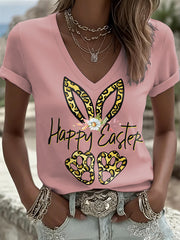Women's Easter Bunny Animal Print V-Neck T-Shirt