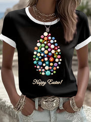 Women's Black Easter Egg Print Patchwork Casual T-Shirt