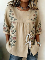 Women's Plants And Flowers Buttoned And Linen Blend Shirt