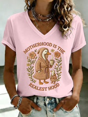 Women's 'Motherhood is the Realest Hood' Printed Casual T-Shirt