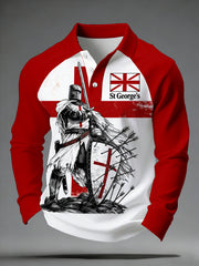 Men's St. George's Day Themed Printed Long-Sleeve Polo Shirt