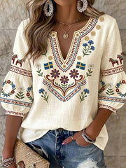 Women's Vintage-Style Swedish Symmetrical Floral V-Neck Blouse