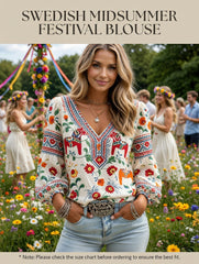 Women's Midsummer Festival Ethnic Print Casual Puff Sleeve V-Neck Top