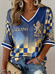 Women's England Football Match Cheer Art Print V-Neck T-Shirt