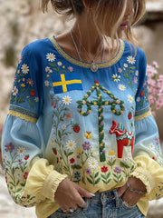 Retro Midsummer Festival Art Print Casual Top