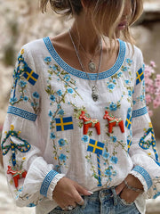 Retro Midsummer Festival Art Print Casual Top
