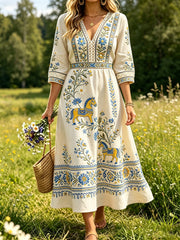 Retro Midsummer Festival Art Print Casual Dress