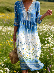 Women's Midsummer Festival Floral Gradient Color Cotton Linen Casual Dress