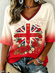 Women's England Football  Pattern Linen V-Neck Shirt