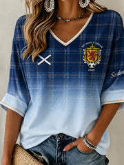 Women's Scotland Football Pattern Linen V-Neck Shirt