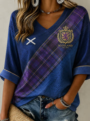 Women's Scotland Football Pattern Linen V-Neck Shirt