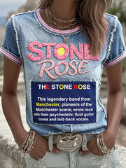 Women’s The Stone Rose Band Denim-Effect Patchwork Print Casual T-Shirt