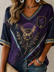Women's Scotland Football Pattern Linen V-Neck Shirt