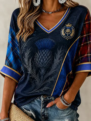 Women's Scotland Printed Mid-length Sleeves V-Neck T-Shirt