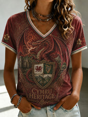 Women's Welsh Dragon Celtic Heritage Printed V-neck T-shirt