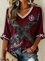Women's Scotland Football Pattern Linen V-Neck Shirt