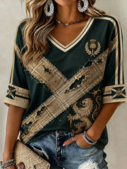 Women'sScotland Football Pattern Linen V-Neck Shirt