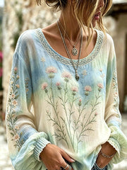 Women's retro Scottish Thistle flower pattern printed cotton and linen shirt