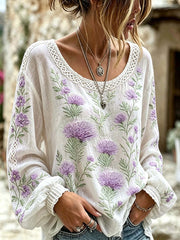 Women's retro Scottish Thistle flower pattern printed cotton and linen shirt