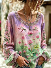 Women's retro Scottish Thistle flower and dragonfly pattern printed cotton and linen shirt