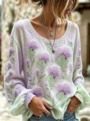 Women's retro Scottish Thistle flower pattern printed cotton and linen shirt