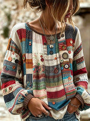 Women's Boho Colorful Buttons Colorblock Texture Art Print Cotton-Linen Shirt