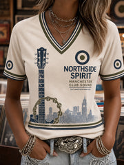 Women's Retro Rock Band Print Casual V-Neck Tee