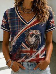 Women's British Style Printed V-neck T-shirt
