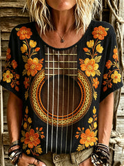 Women's Vintage Guitar Inspired Floral Art Print linen short-sleeved T-shirt