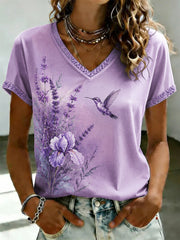 Women's Purple Flora Art Printed V-neck T-shirt