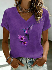Women's Purple Flora Art Printed V-neck T-shirt