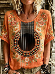 Women's Vintage Guitar Inspired Floral Art Print Gradient linen short-sleeved T-shirt