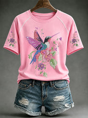 Women’s Pink Hummingbird Print Casual T-Shirt