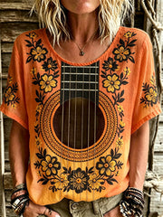 Women's Vintage Guitar Inspired Floral Art Print Gradient linen short-sleeved T-shirt