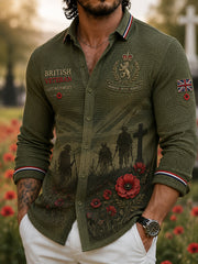 Men's Long-Sleeve Waffle-Knit Shirt With Vintage Veteran-Themed Print