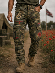 Men's Vintage-Style Cargo Pants With Veteran Commemorative Print