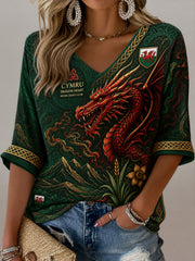 Women's Welsh Red Dragon Cultural Elements Art Print V-Neck Top