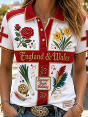 Vintage-style casual polo shirt featuring a London Notting Hill Carnival print
