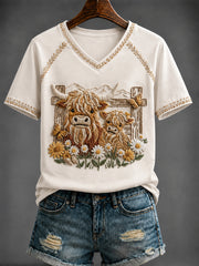 Women's Scottish Highland cattle Printed V-neck T-shirt