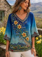 Women's Welsh-Inspired Art Print V-Neck Top