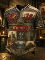 Men's Welsh Red Dragon Printed V-Neck T-Shirt