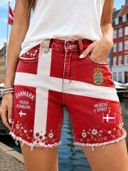 Women's Casual Denim Shorts With Patriotic Commemorative Print