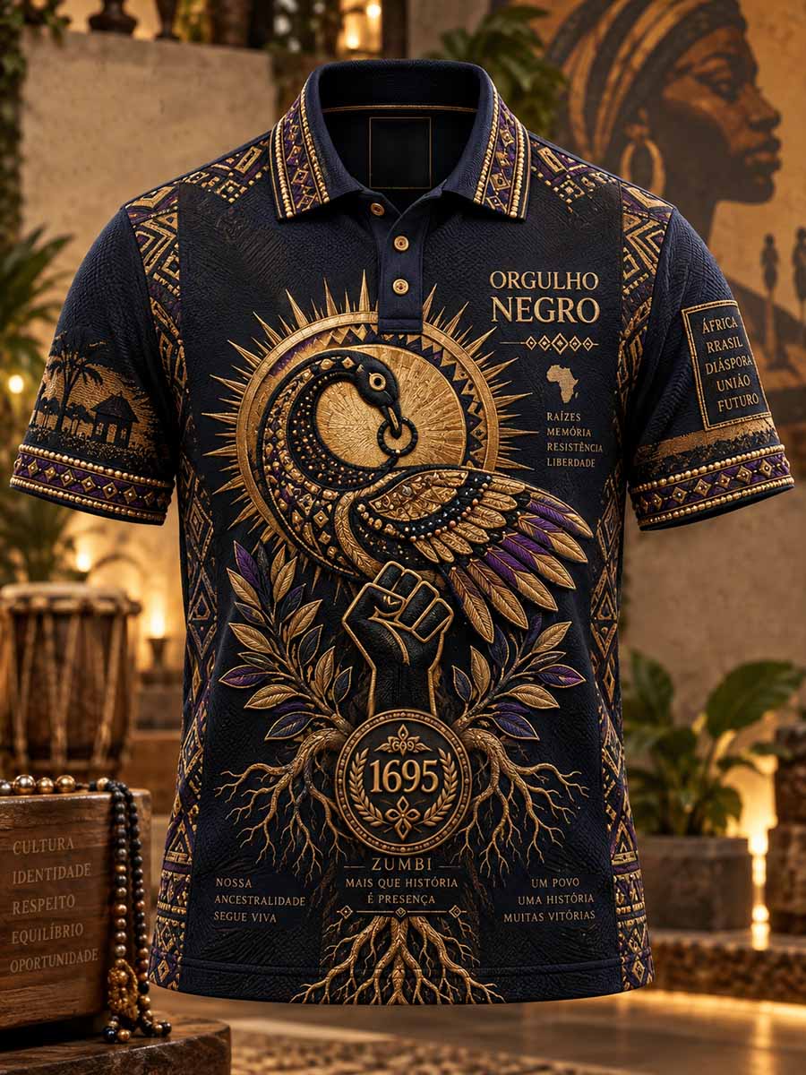 Camisa polo masculina com estampa comemorativa do patrimônio Sankofa