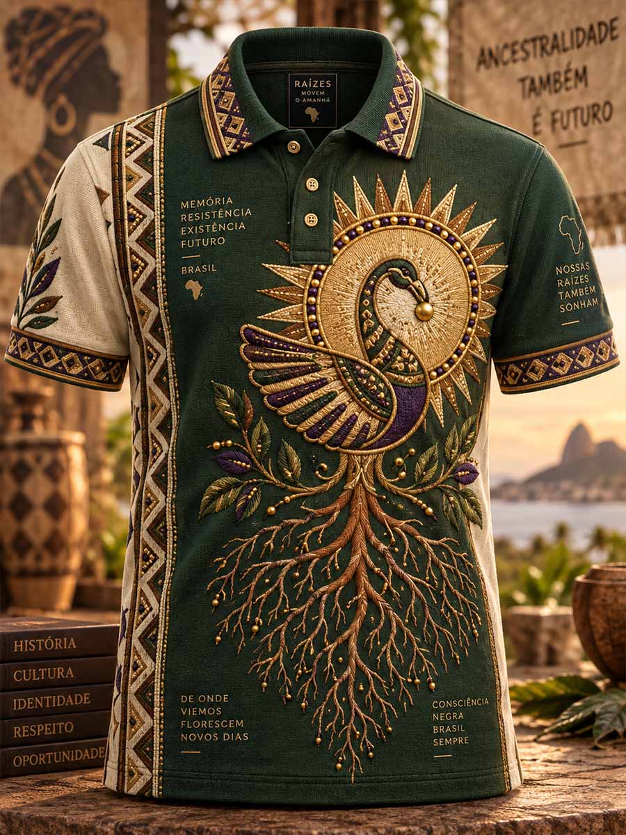 Camisa polo masculina com estampa comemorativa do patrimônio Sankofa