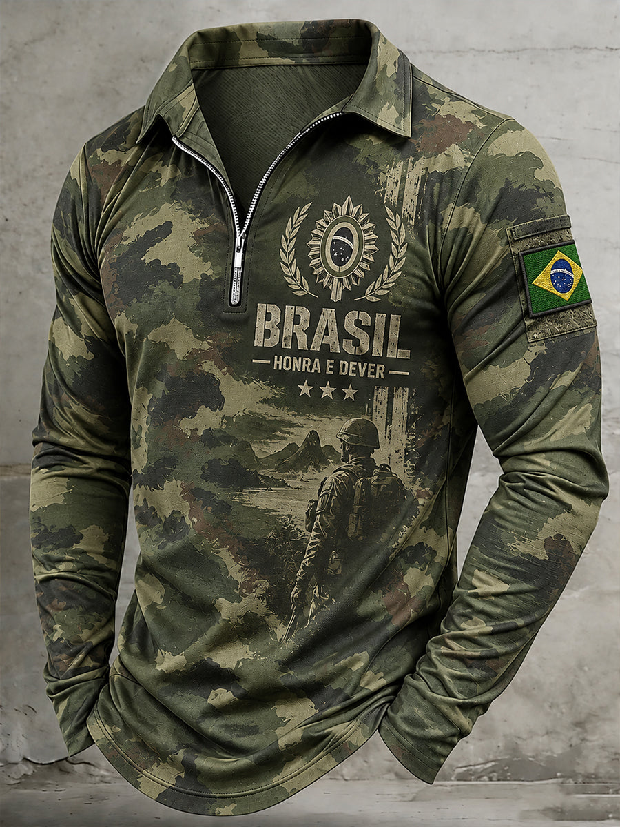 Camisa Polo de manga longa masculina com impressão comemorativa do veterano
