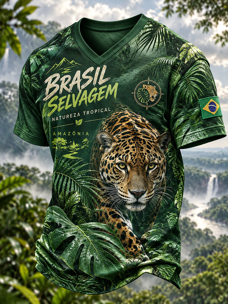 T-shirt de manga curta V-Neck masculino com estampas temáticas animais tropicais