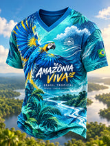Camiseta masculina de manga curta com gola em V e estampas tropicais com animais