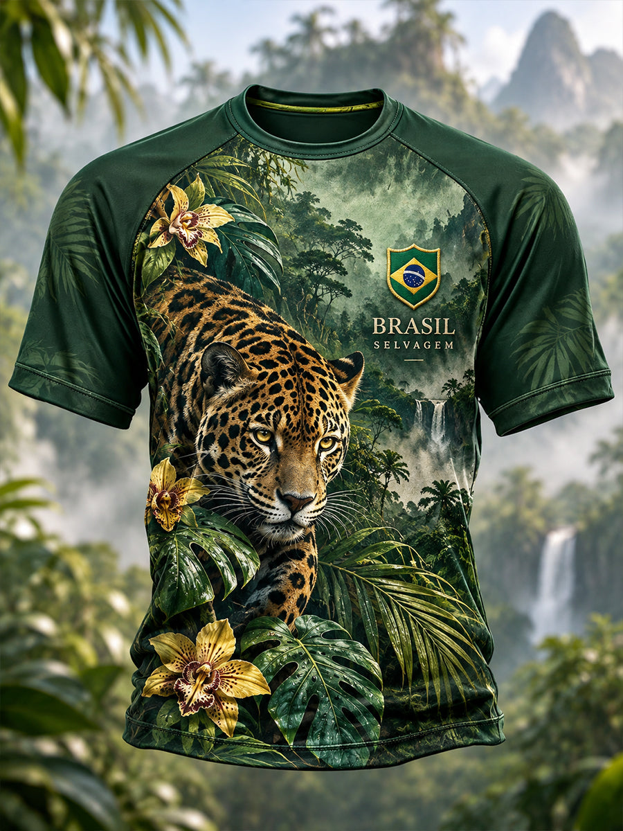 Camiseta Raglan de manga curta masculina com estampas tropicais com tema de animais